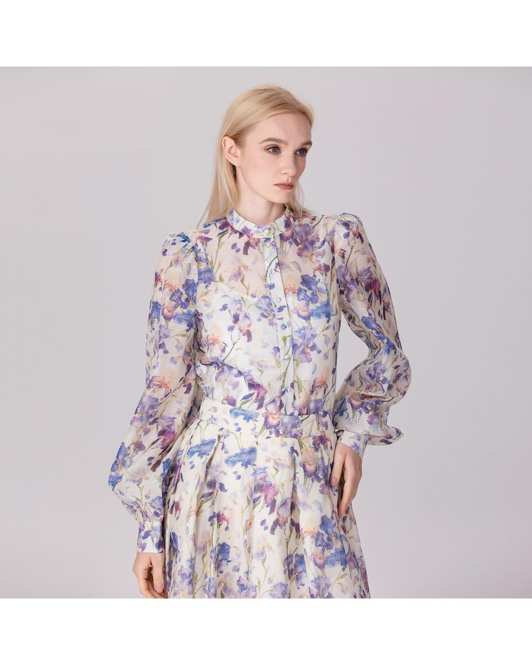 Smart and Joy Multicolor Neutrals Flower Print Long Sleeve Organza Shirt