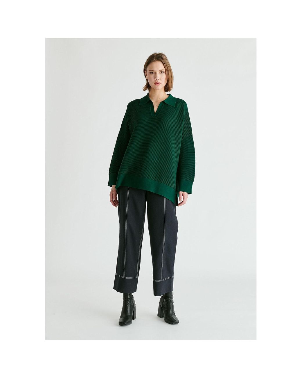 Paisie Green Polo Collar Ribbed Jumper