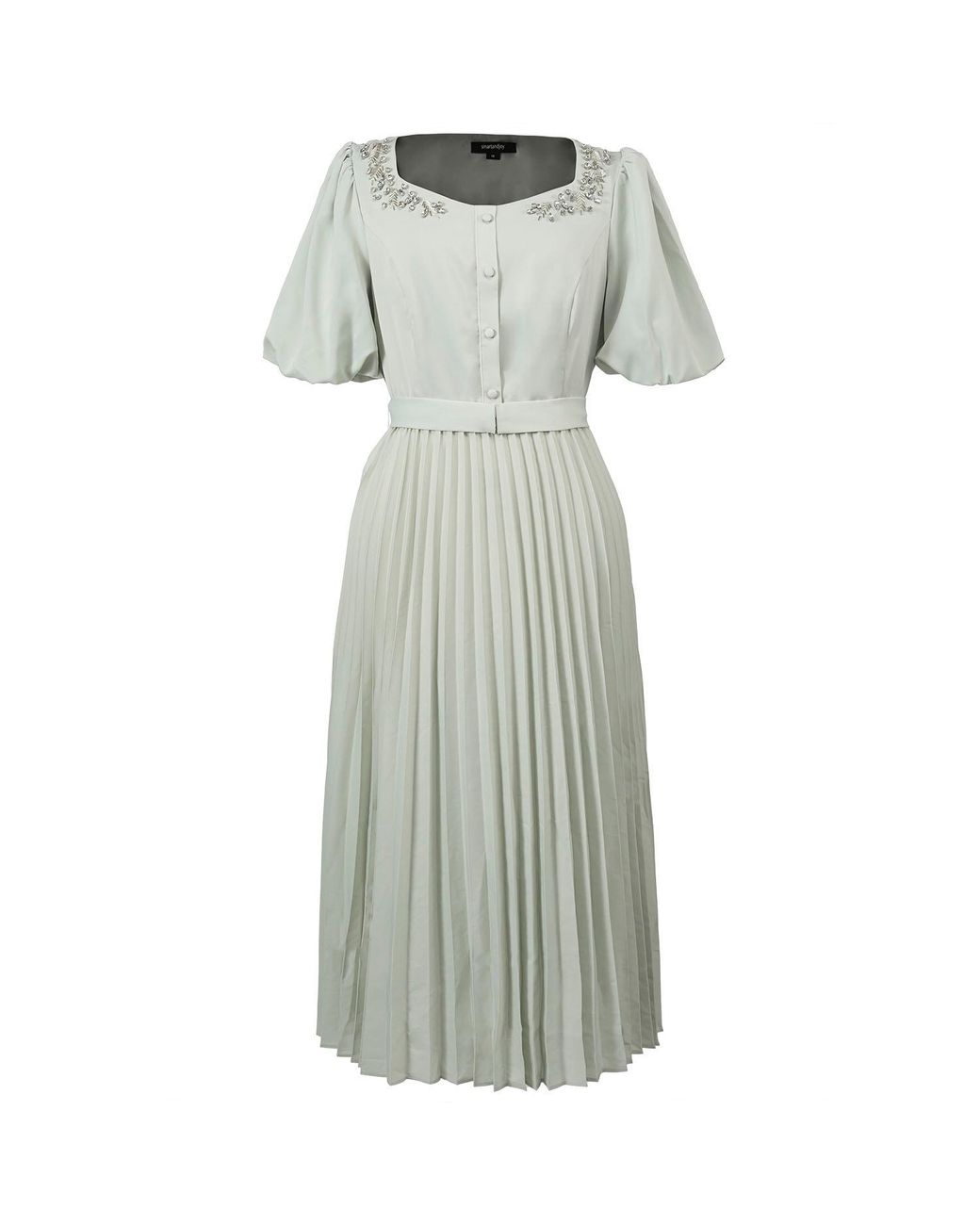 Smart and Joy Green Neutrals Pleats And Embroideries Blouse-Dress