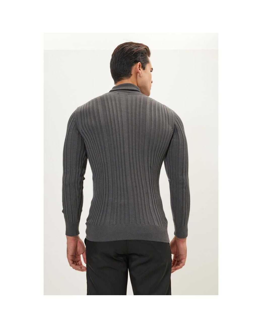 Ron Tomson Gray Roll Neck Ribbed Sweater for men