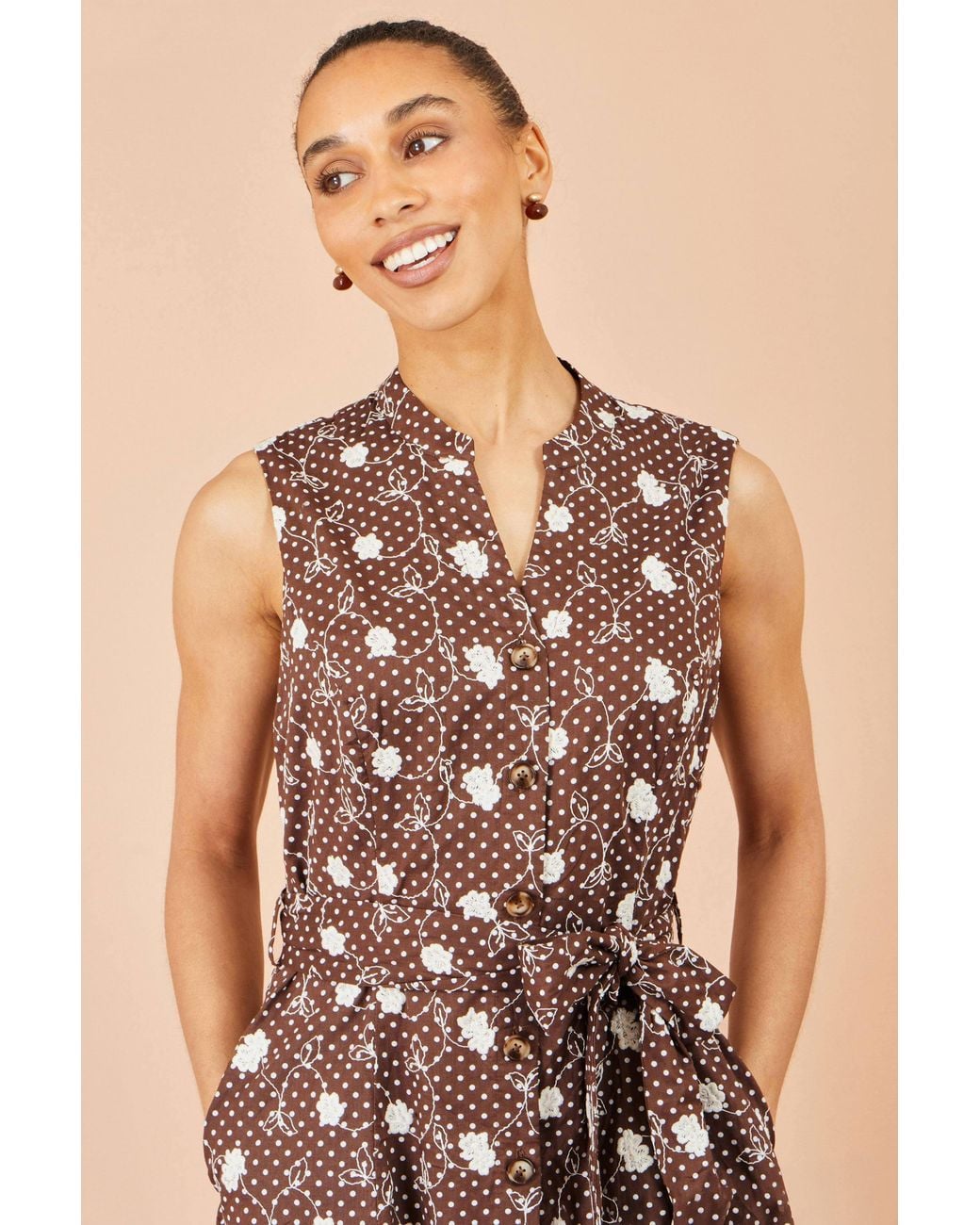 Yumi' Brown Cotton Embroidery Shirt Dress
