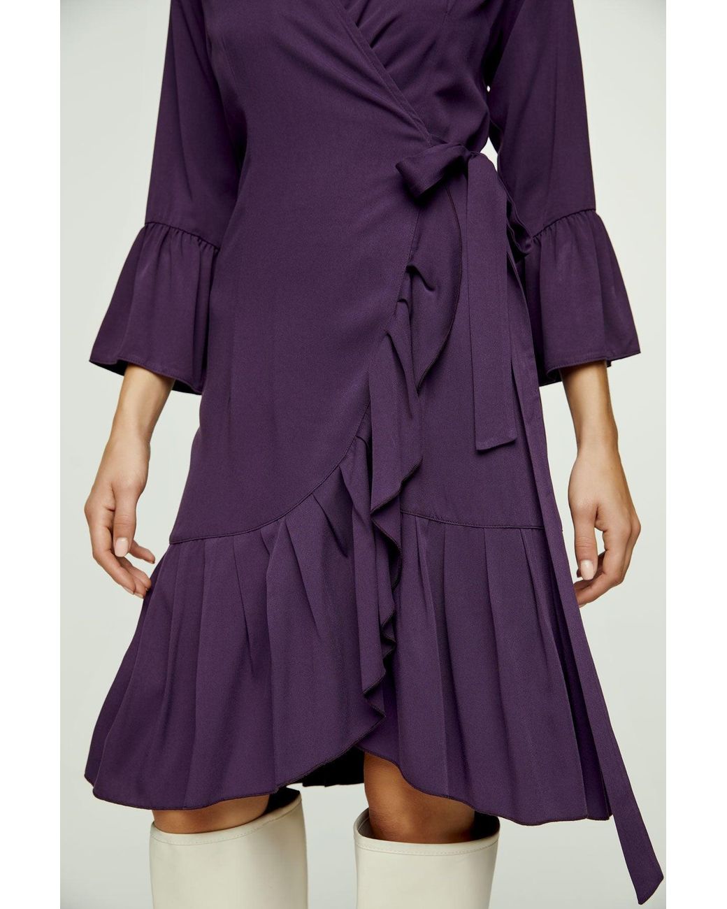 Conquista Purple Aubergine Wrap Dress Viscose With Bell Sleeves