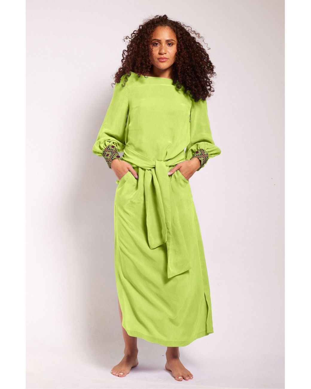 Yomisma Green Lotus Chiapas Embroidered Kaftan — Artisanal Handcrafted Resort Dress