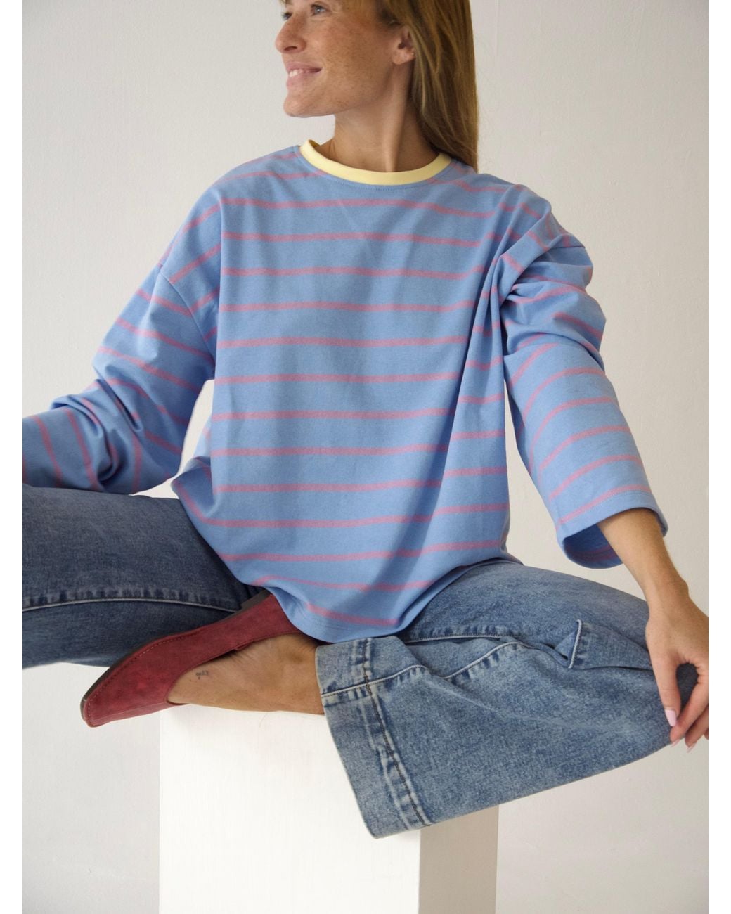 Mind Traveler Blue Light Striped Míriam Long Sleeve Top With Contrast Neck