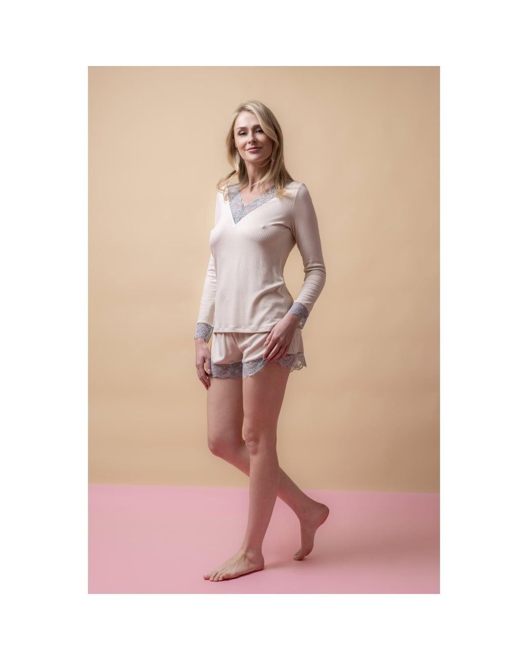 Oh!Zuza Pink Neutrals Santal Lace Trim Pyjama Short Set – Vanilla