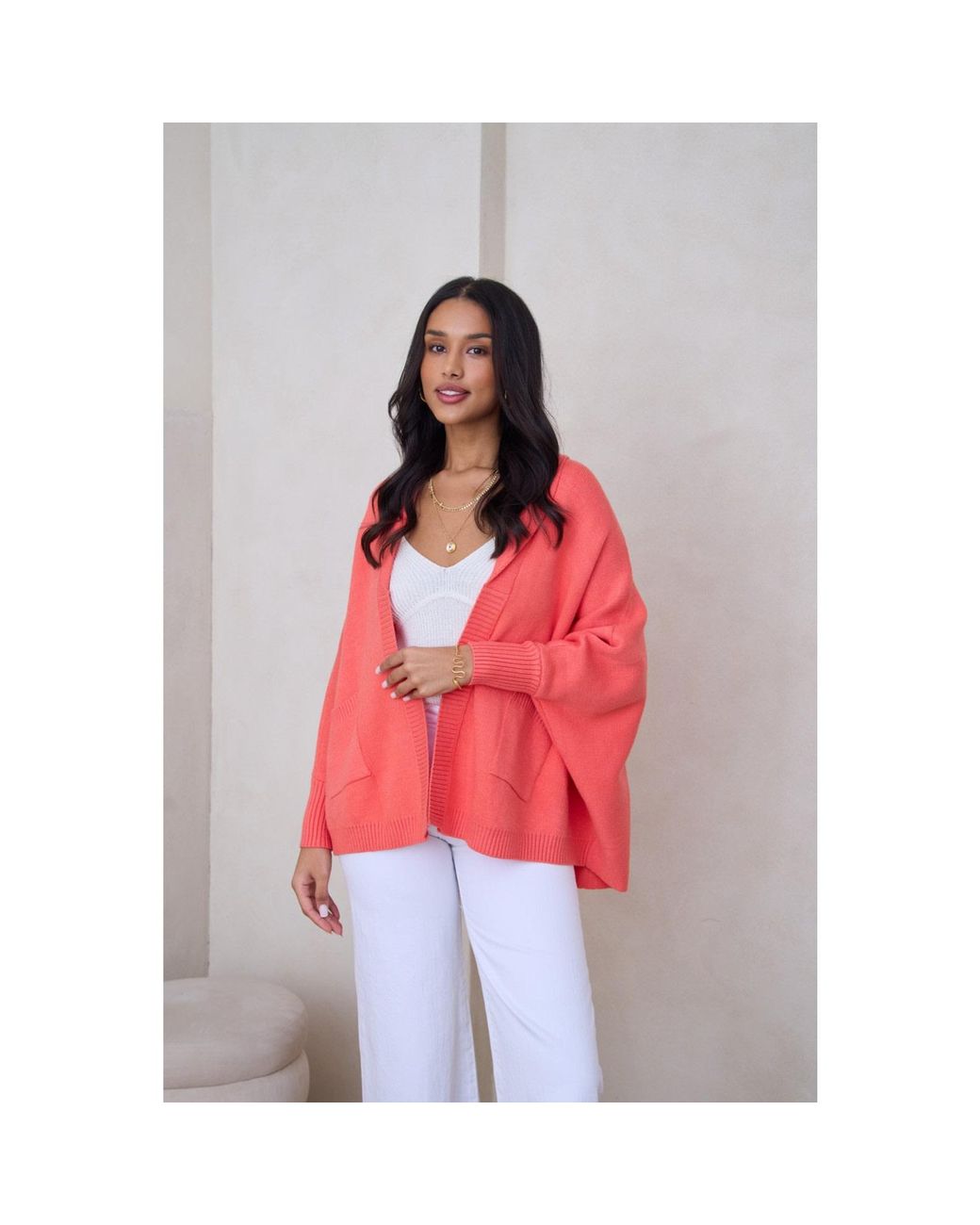 Saachi Pink Open Front Oversized Coral Cardigan Sweater