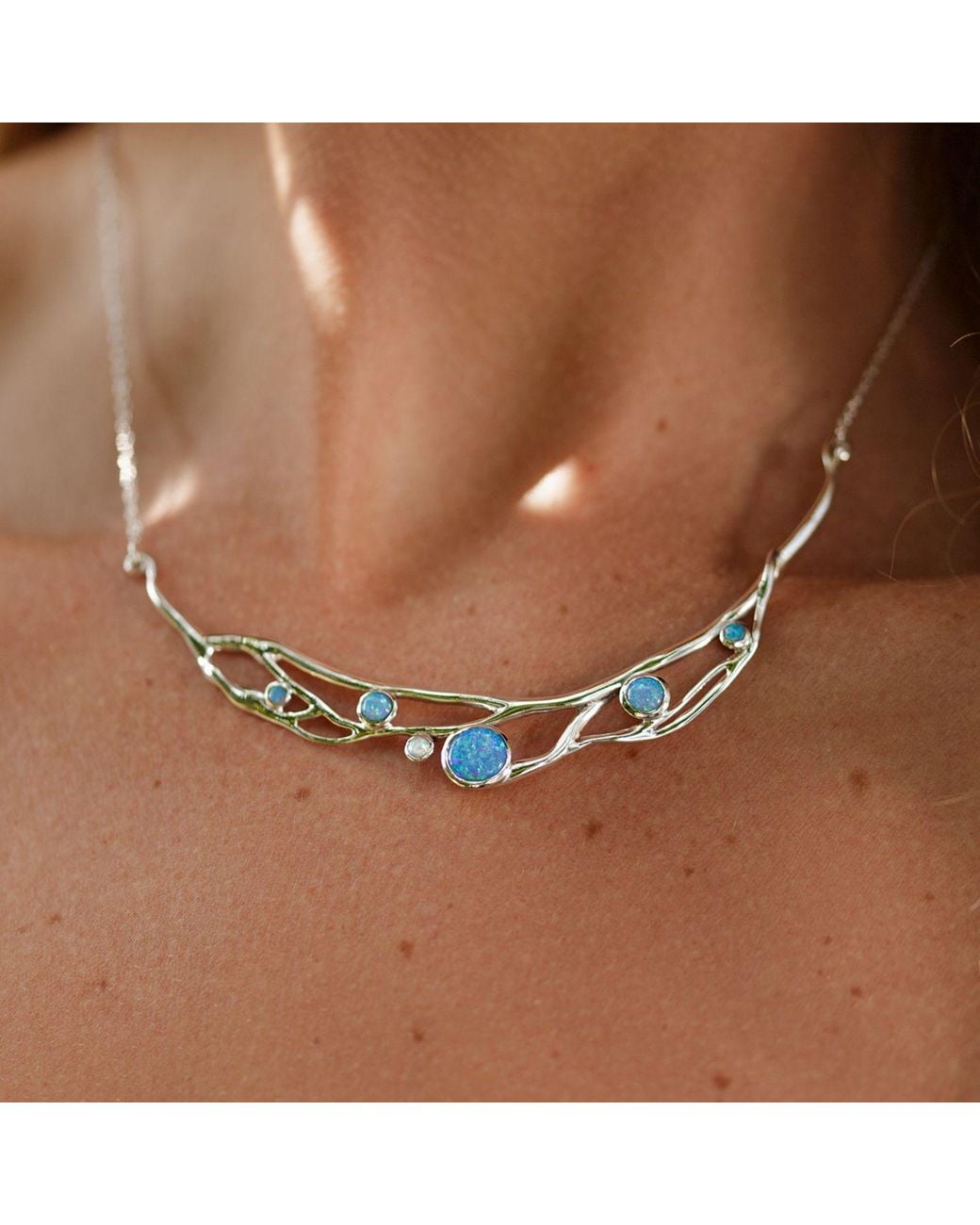 Isla Silver Metallic Handmade Organic & Fire Opal Statement Necklace