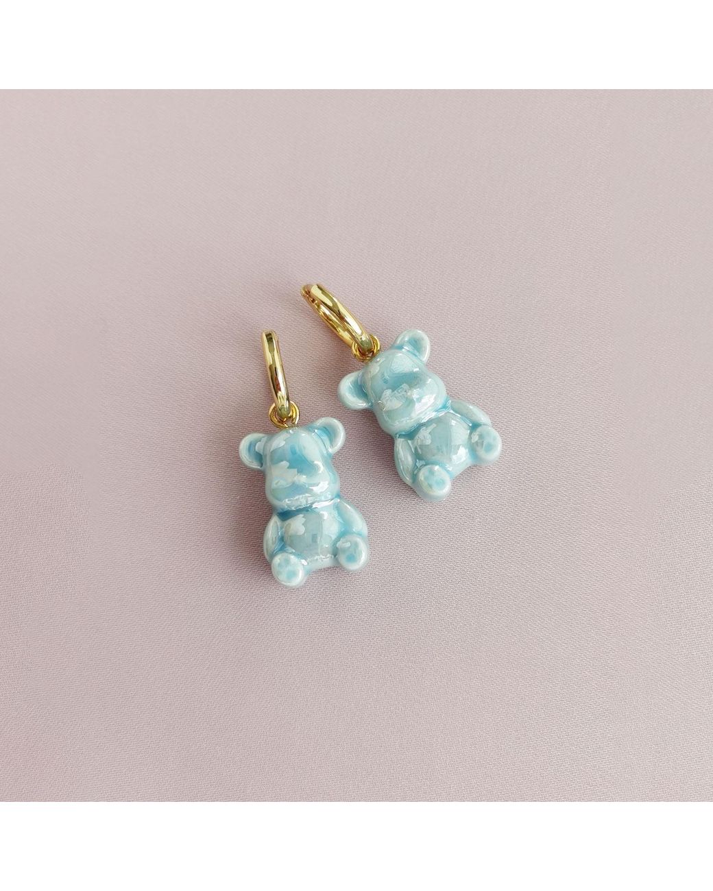 POPORCELAIN Blue Baby Porcelain Teddy Bear Clip On Earrings