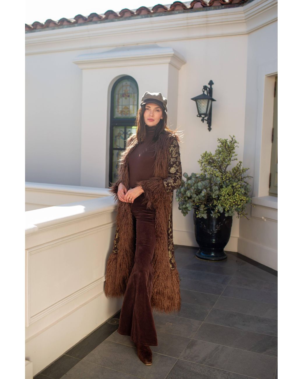 Jennafer Grace Brown Penny Deluxe Filigree Morena Faux Fur Trim Coat