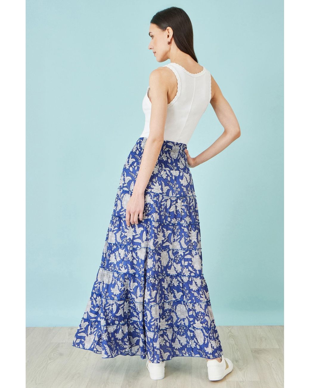 Yumi' Blue Floral Cotton Tiered Maxi Skirt