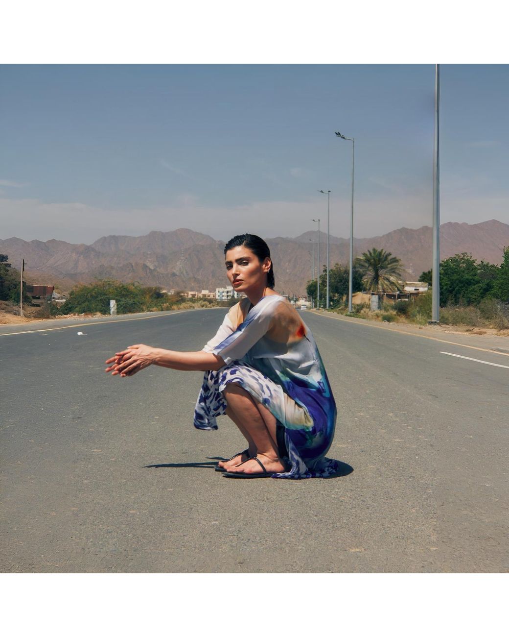 DHARA SHETH DUBAI Blue Ciel & Sand Long Kaftan Dress With Side Slits