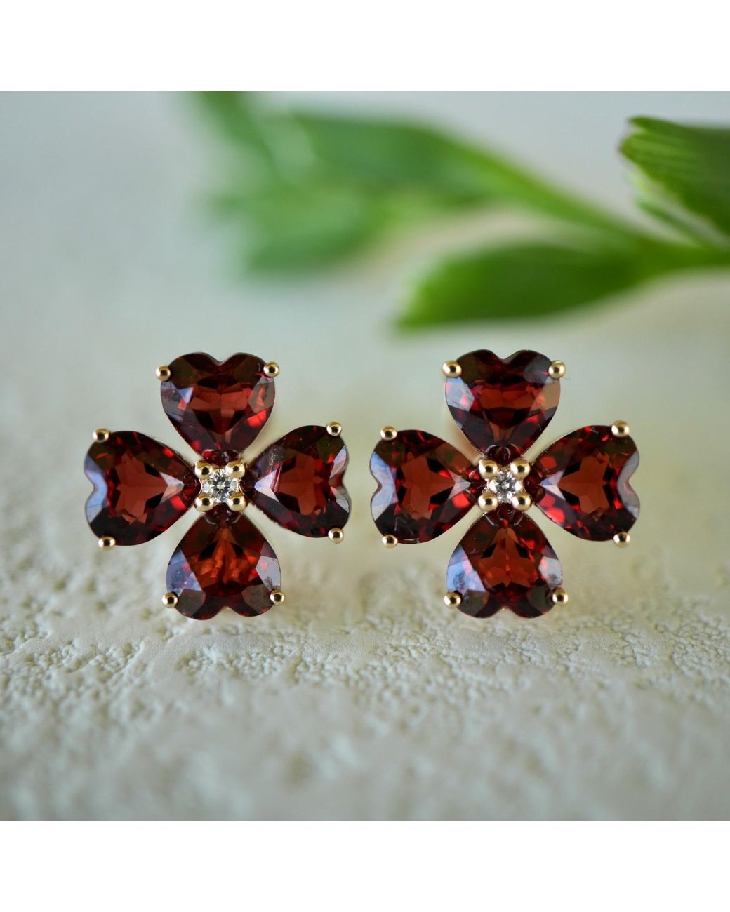 Kai Fine Jewelry Red Solid Natural Garnet & Diamond Clover Earrings