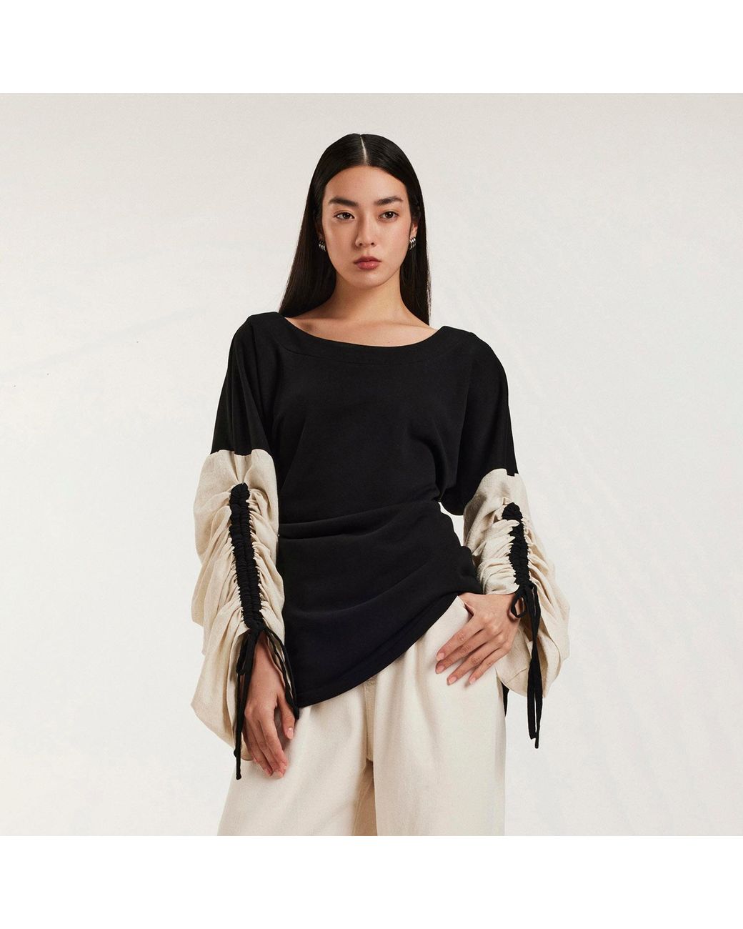 ALINA CERNĂTESCU Black Neutrals Salem Cotton Statement Sleeves Adjustable Sweater Office Daywear Blouse
