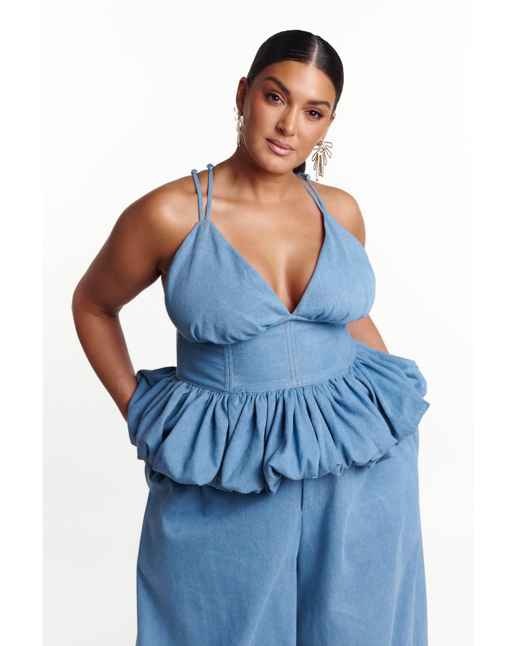 Ofuure Blue Light Denim Adele Peplum Top