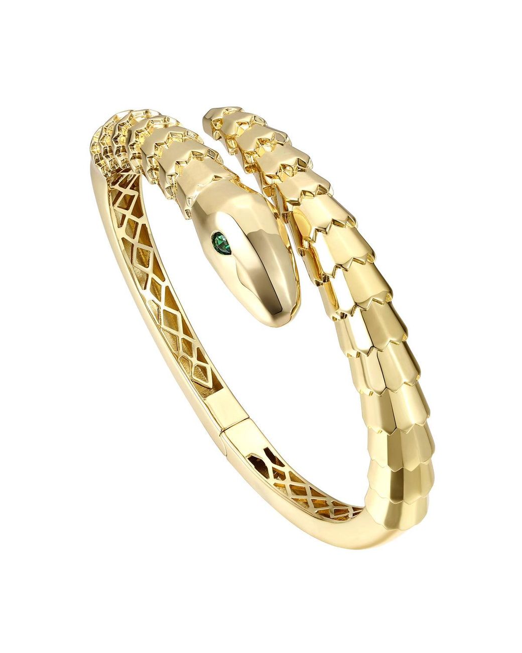 Genevive Jewelry Metallic Plated With Emerald Cubic Zirconia Textured Coiled Serpent Bypass Bangle Bracelet