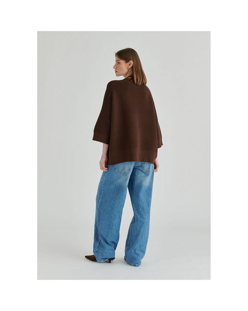Paisie Brown Mock Neck Cropped Sleeve Ribbed Jumper