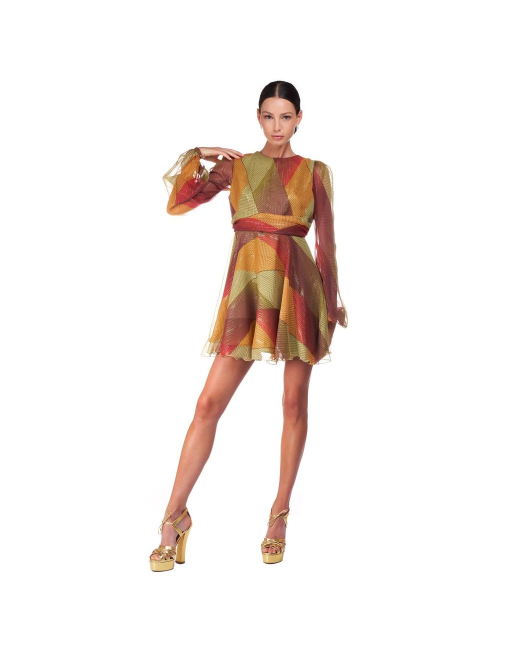 Sofia Tsereteli Brown Short Silk Dress In Multicolored Patch
