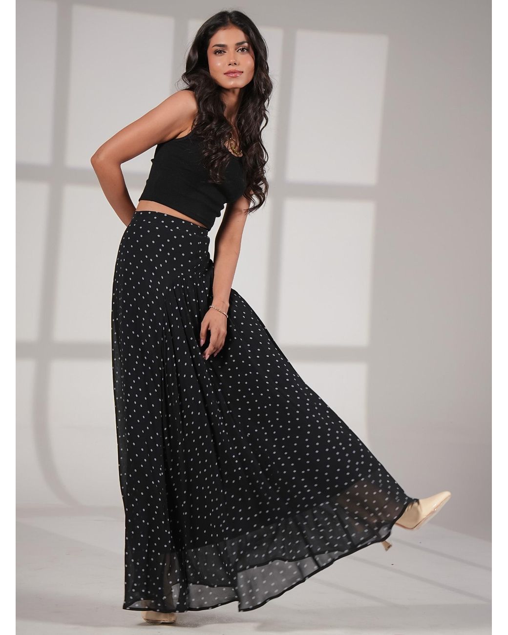 Rose & Nancy Black Elsie Spot Midaxi Skirt