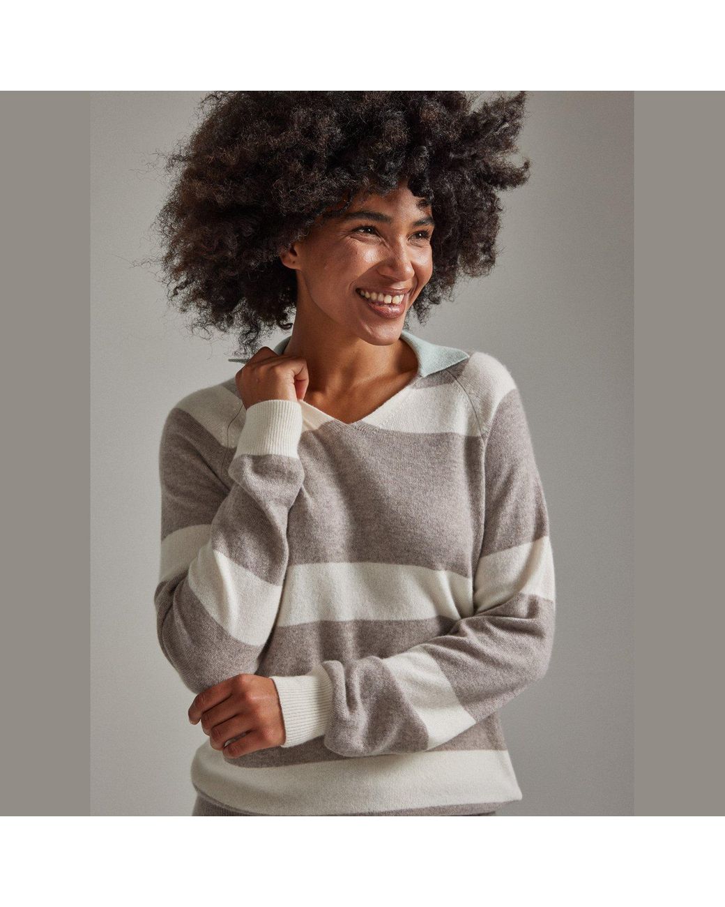 Salts Cashmere Gray Split Neck Polo Stripe Sweater