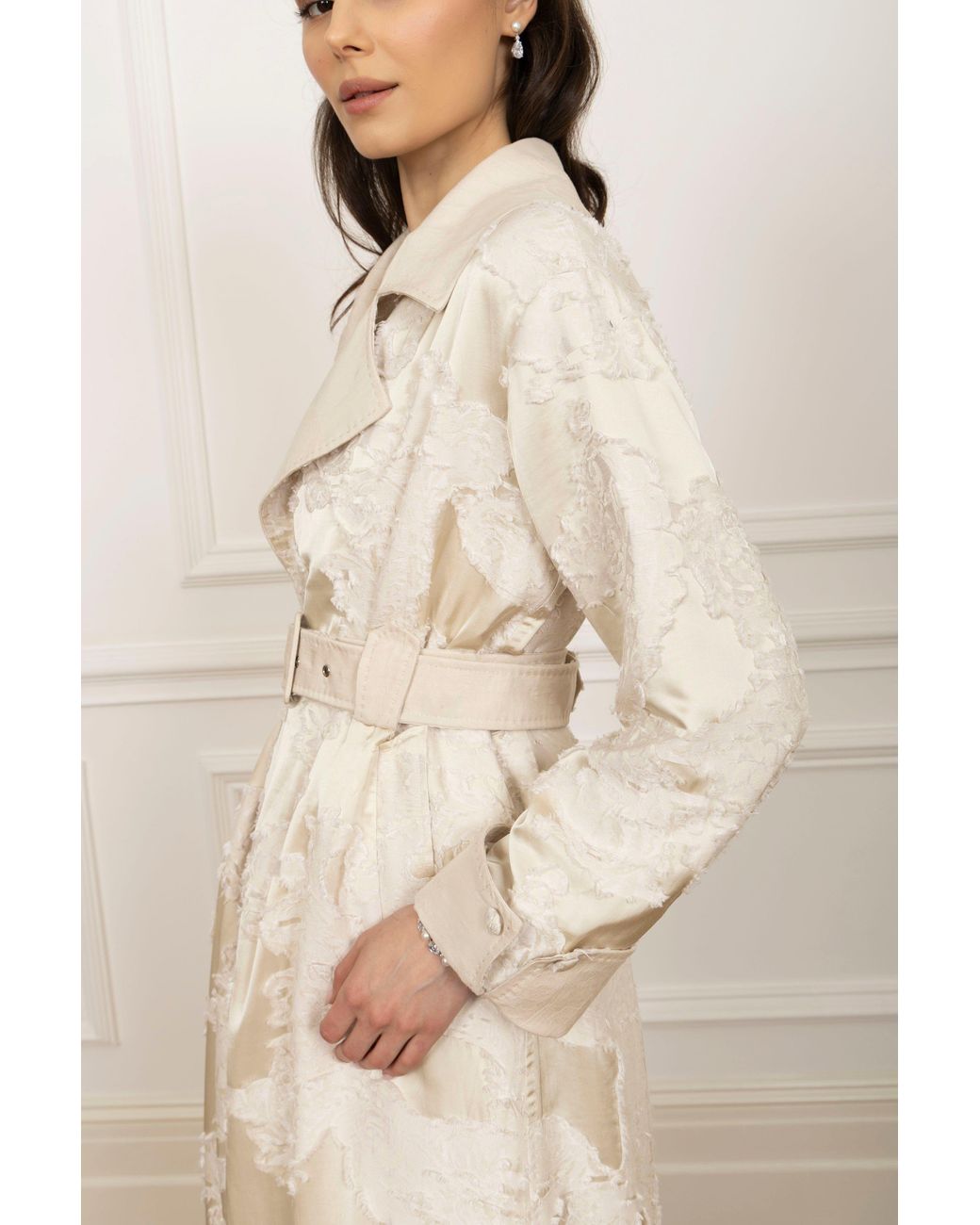 Santinni Natural Neutrals Charmed Satin Jacquard Trench Coat