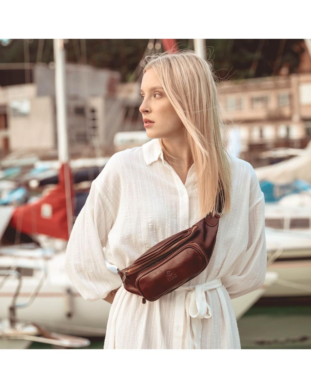 Time Resistance Brown Leather Sling Bag Belly Bag