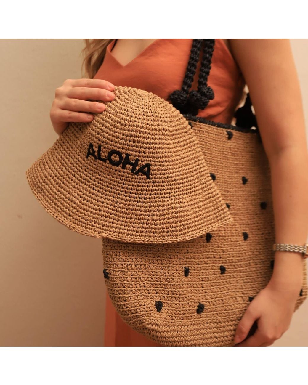 Springmoonatelier Brown Raffia Most Beautiful Polka Dot Beach Bag And Small Clutch Bag