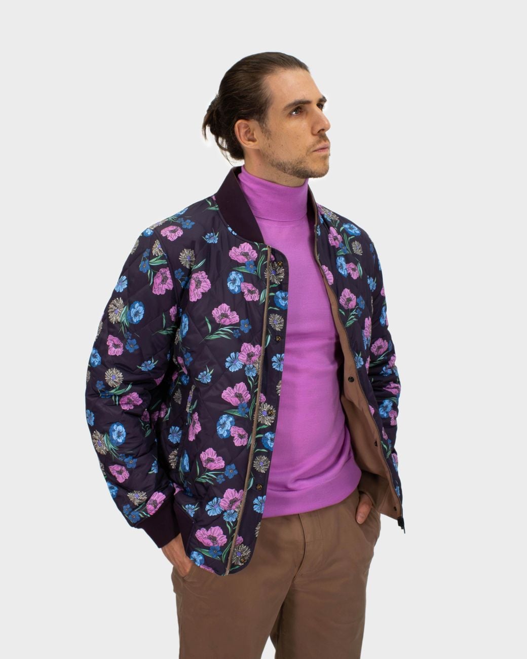 Lords of Harlech Blue Neutrals Ron Spaced Floral Reversible Bomber Jacket for men