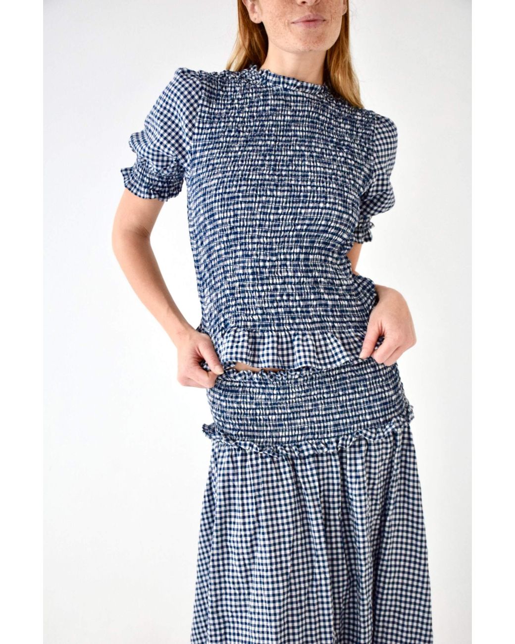 Mind Traveler Blue Gingham Smocked Lea Crop Top