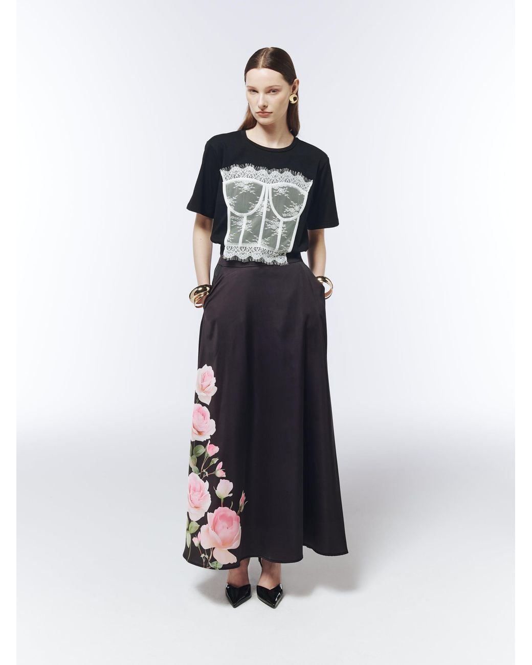 Sour Figs Purple Rose Placement A-Line Maxi Skirt