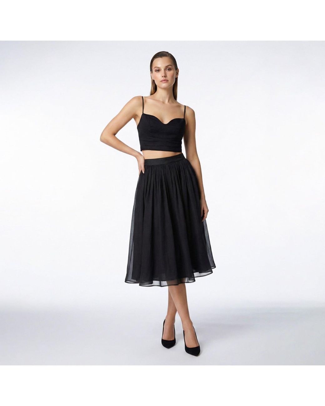 AVENUE No.29 Black Gathered Silk Midi Skirt
