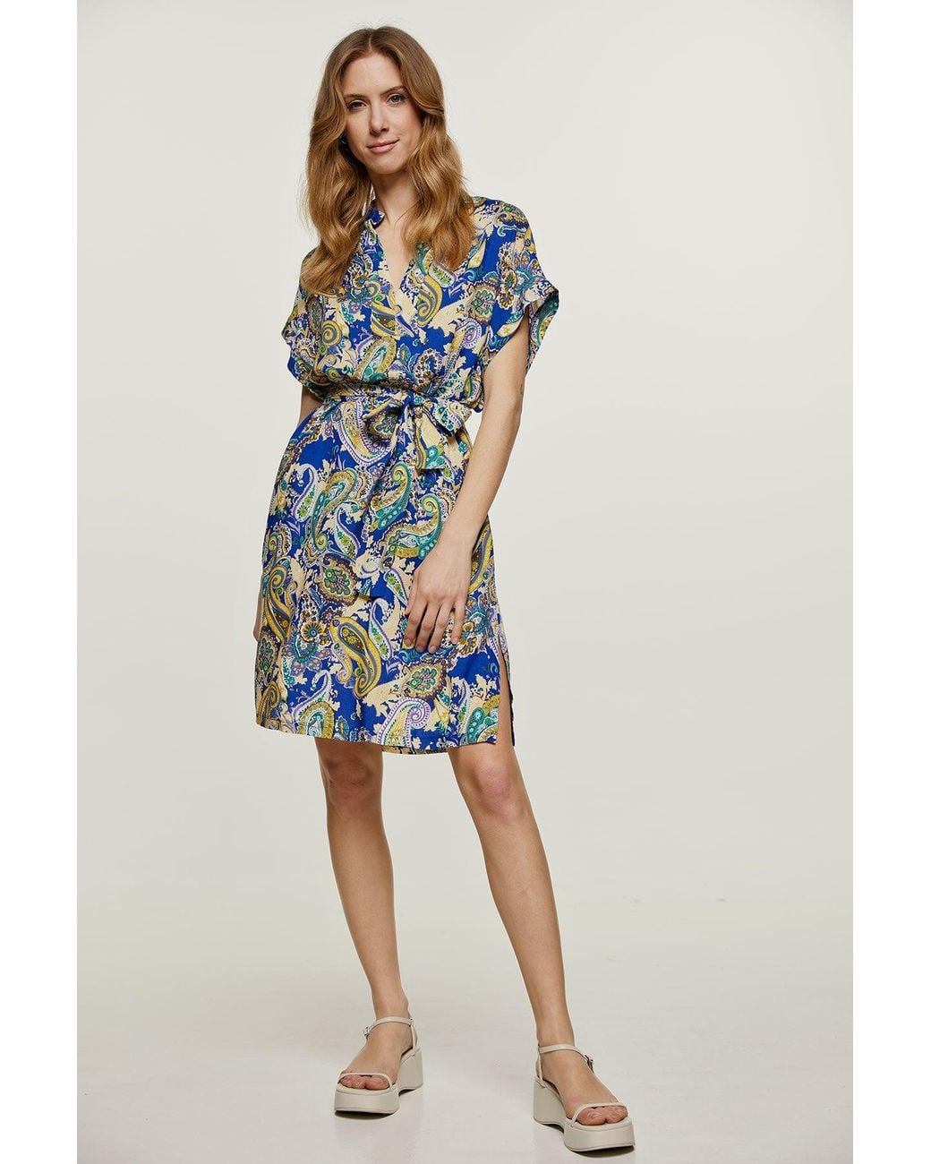 Conquista Blue Paisley Print Dress With Slits