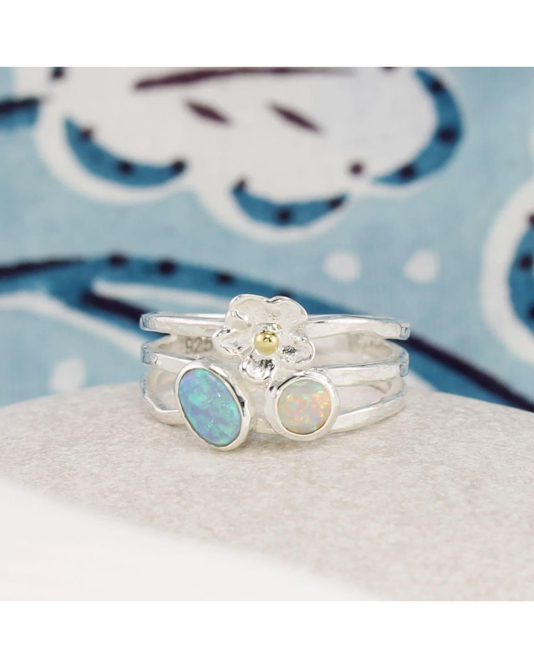 Isla Silver Blue Two Tone Opal Flower Ring