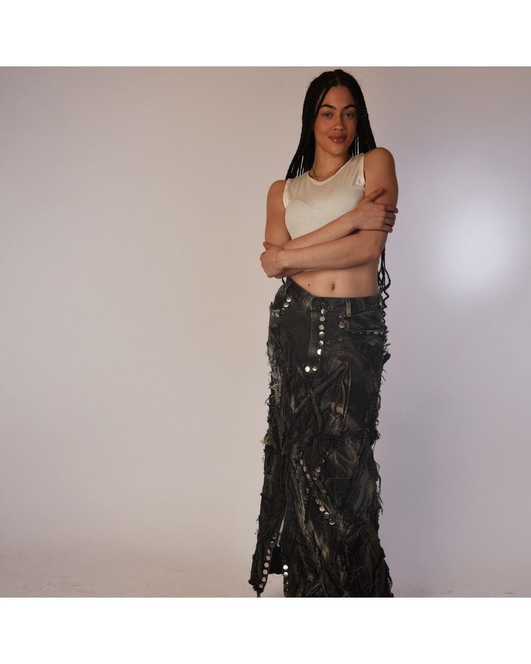 Zasta Studio Green Shred Couture Carbon Clash Studded Denim Skirt A