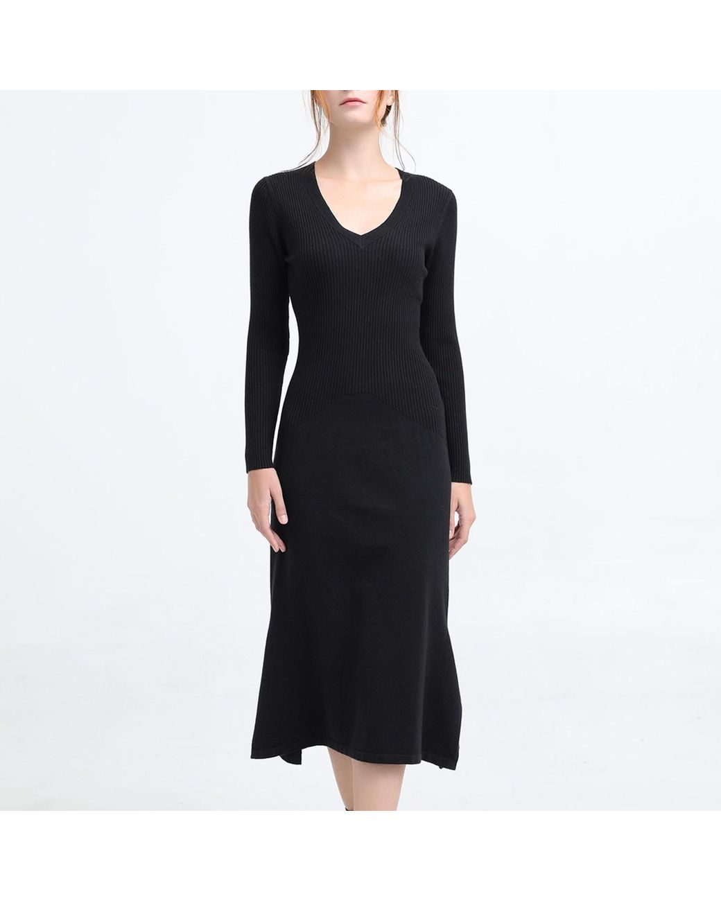 Smart and Joy Black Slim V-Neck Sweater Midi Dress