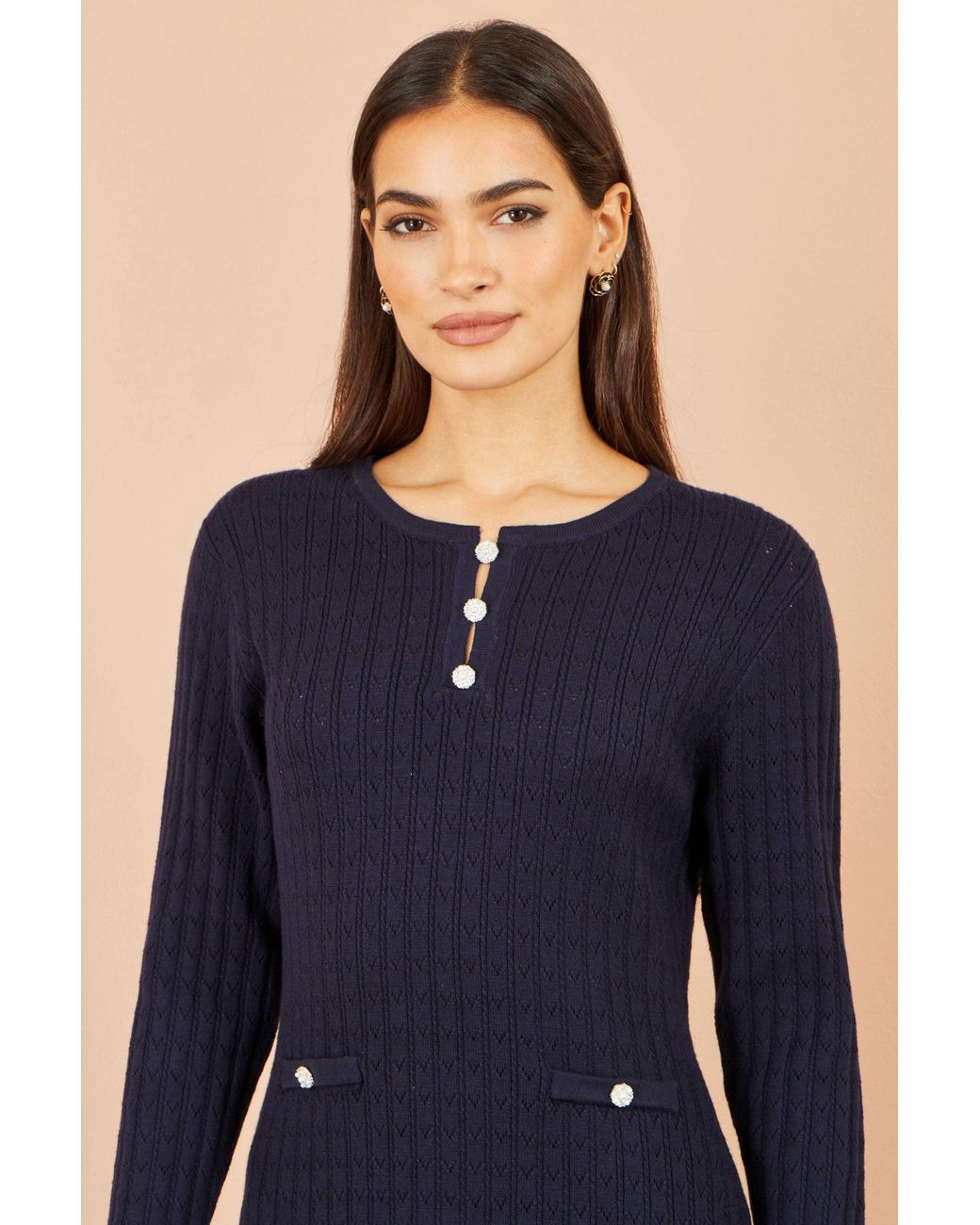 Yumi' Blue Viscose Knitted Midi Dress With Buttons