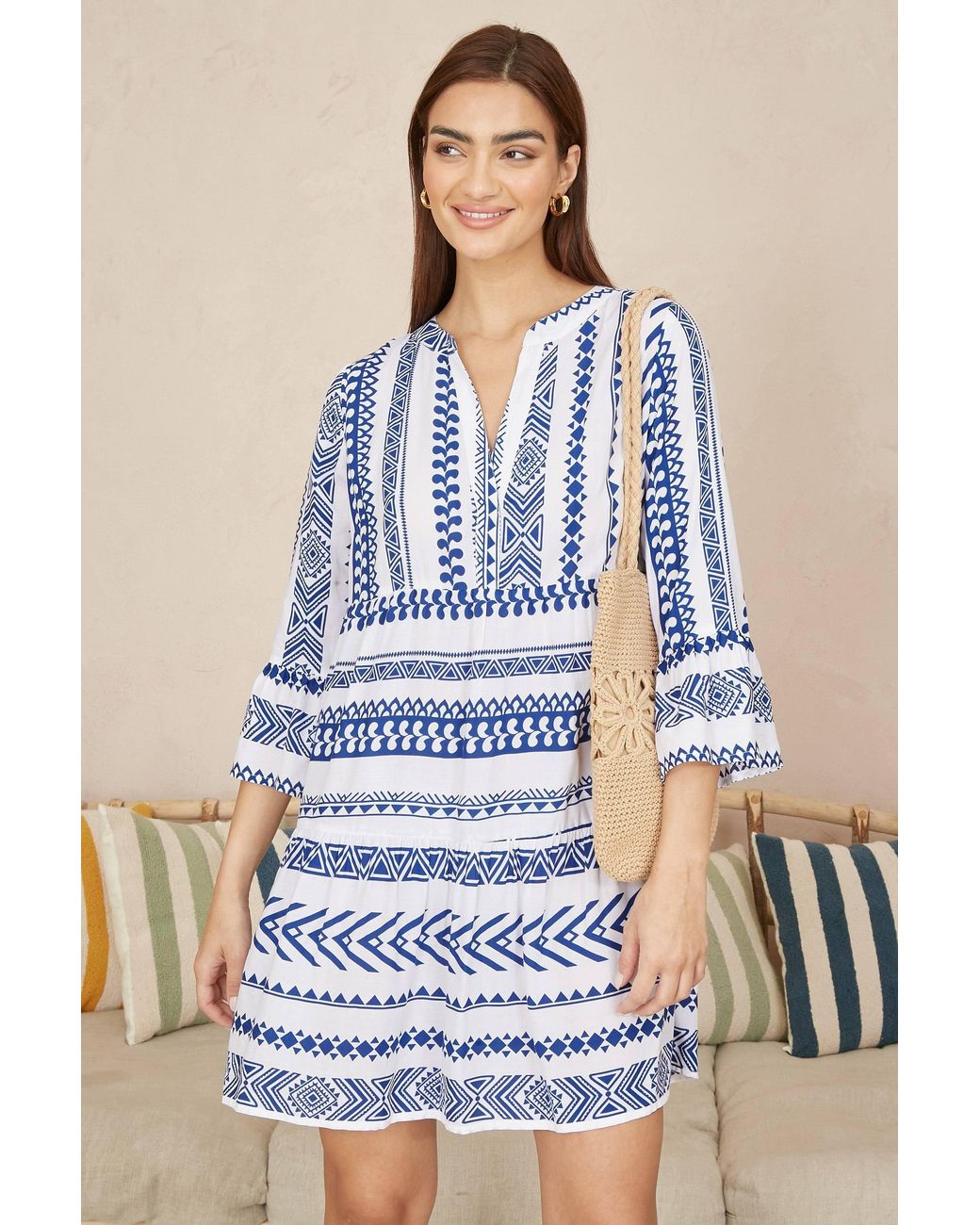 Yumi' Blue Geo Stripe Print Beach Tunic