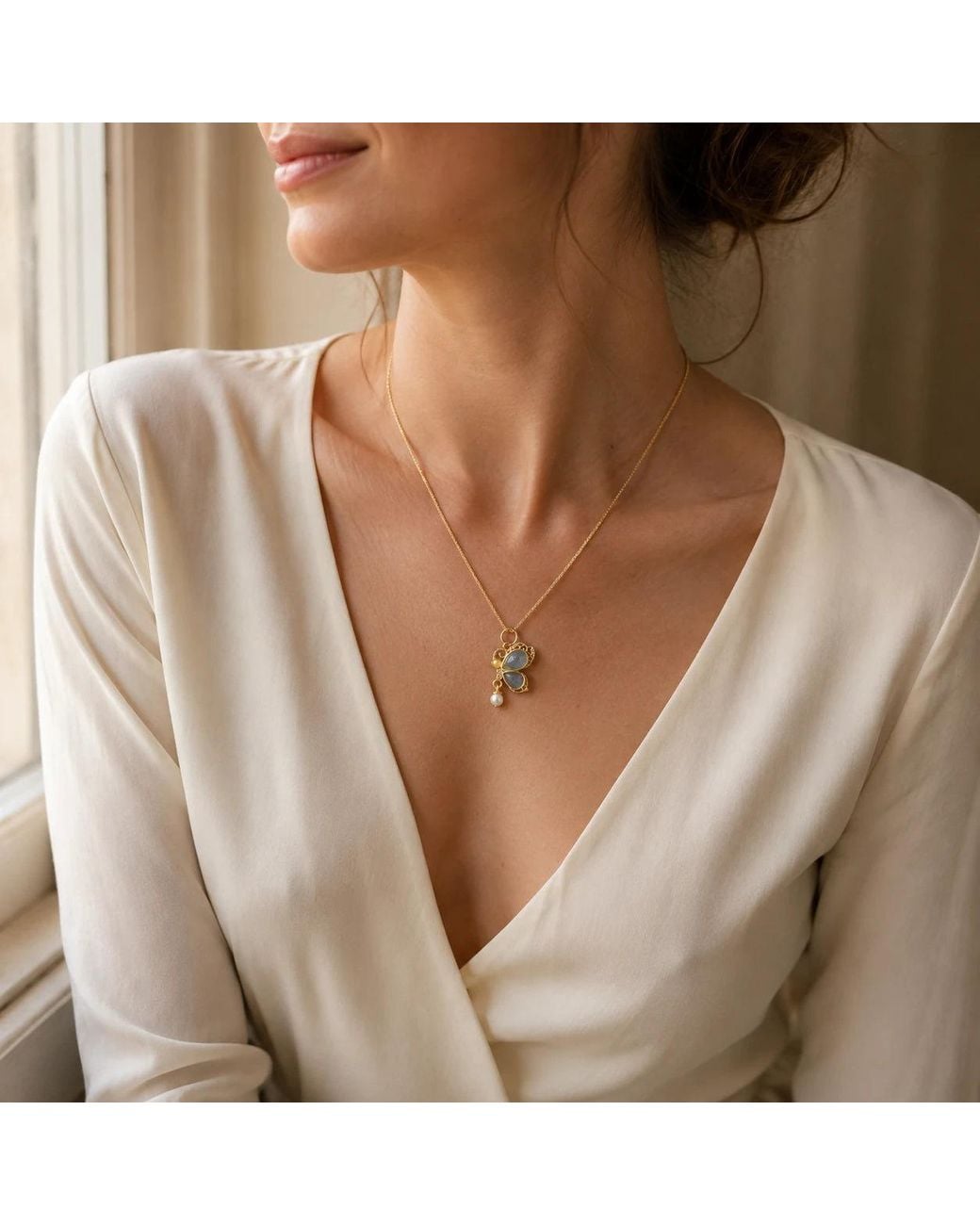 Angel Barocco Metallic Butterfly & Pearl Drop Pendant Necklace