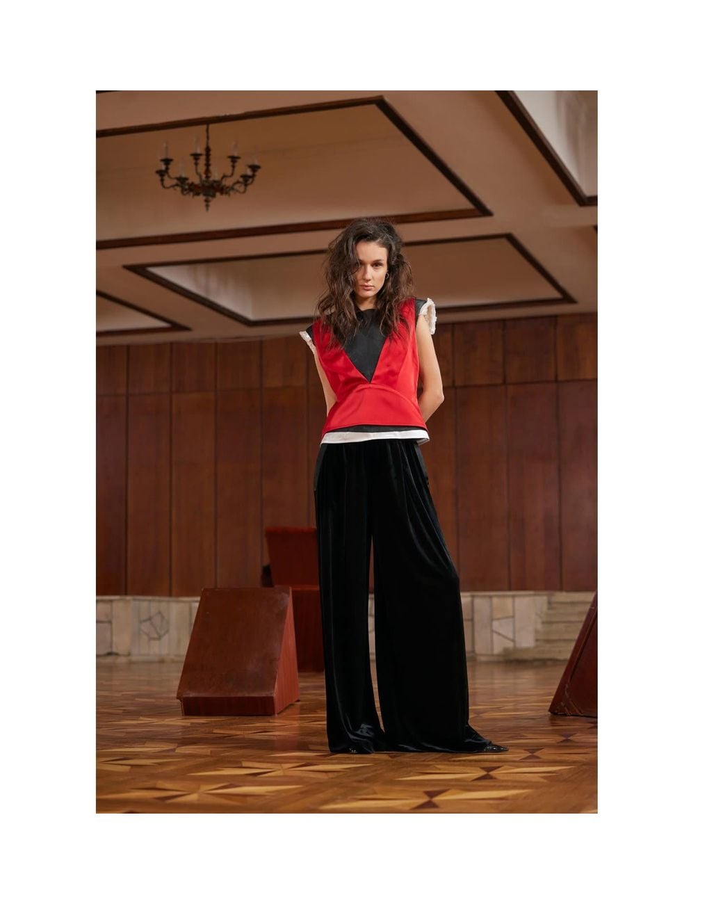 Julia Allert Red Satin Blouse With Mesh And Shoulder Pads
