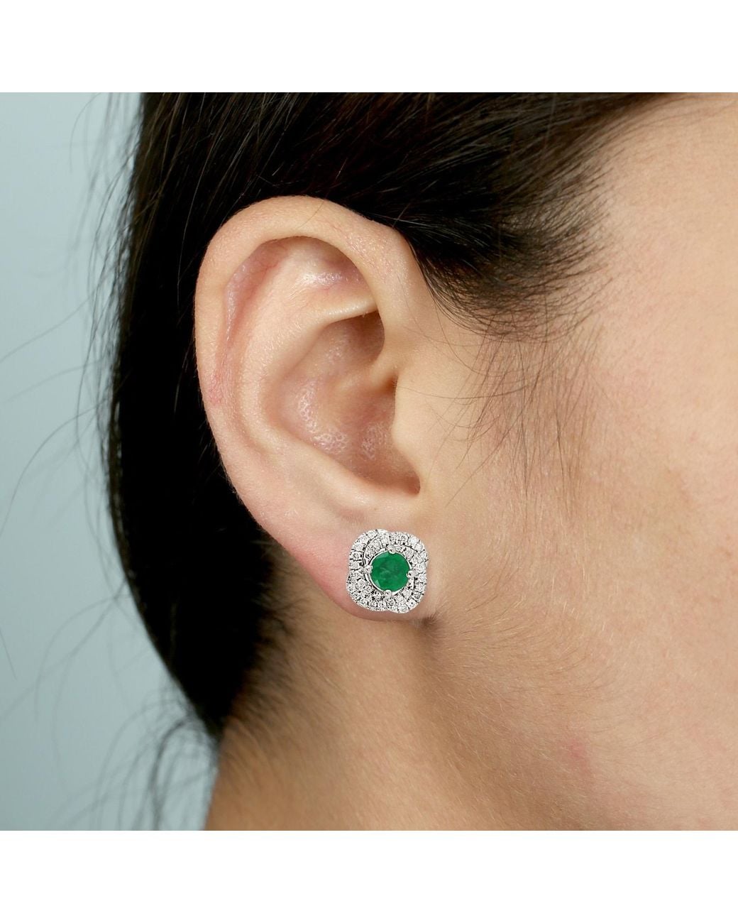 Artisan Multicolor Natural Emerald 14k White Gold Diamond Stud Earrings Handmade Jewelry