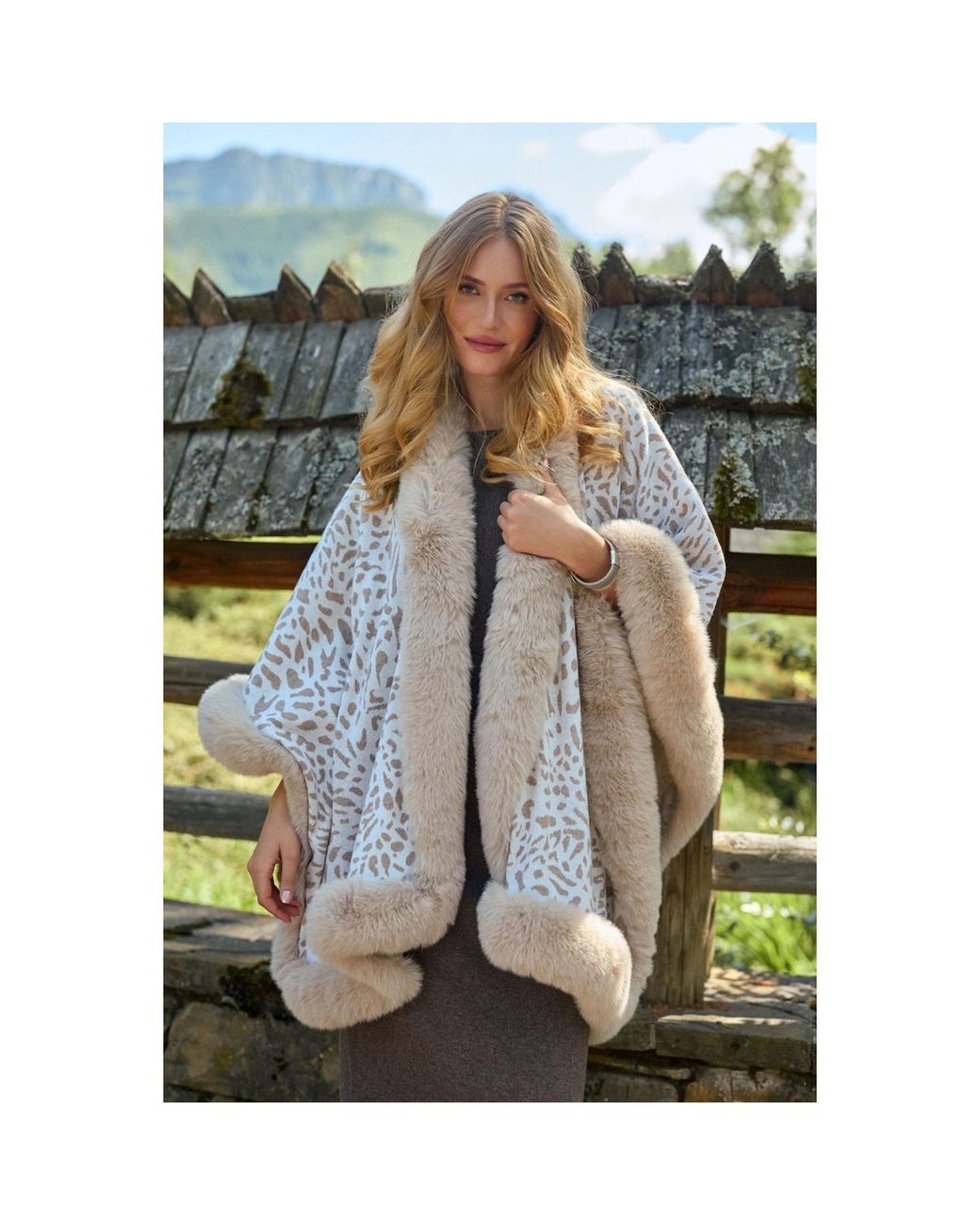 Saachi Natural Animal Print Faux Fur Cape