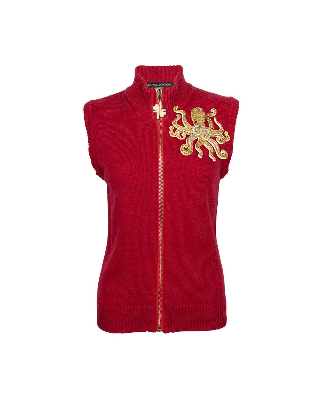 House of Laines London Red Cashmere-Wool Gilet With Hand-Embellished Octopus Brooch