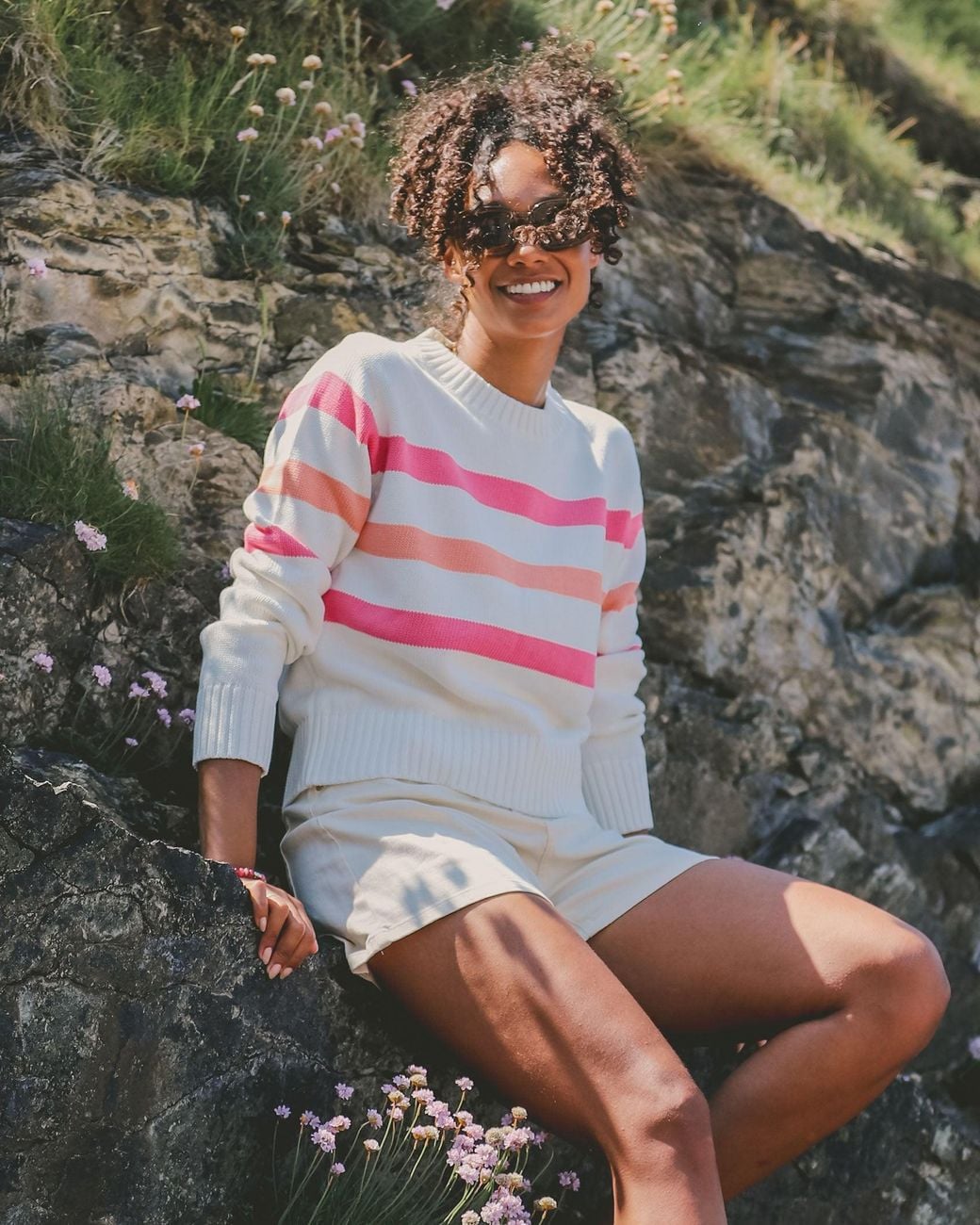 ALOFT Pink Sennen Coral Stripe Crew Neck