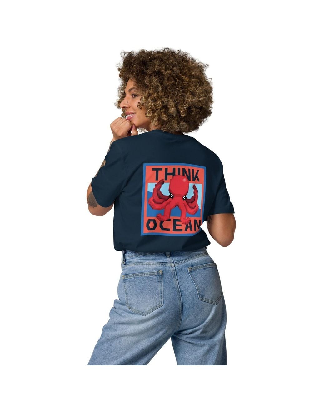 Anchor and Crew Blue Think Ocean Octopus Pixel Art Organic Cotton T-Shirt