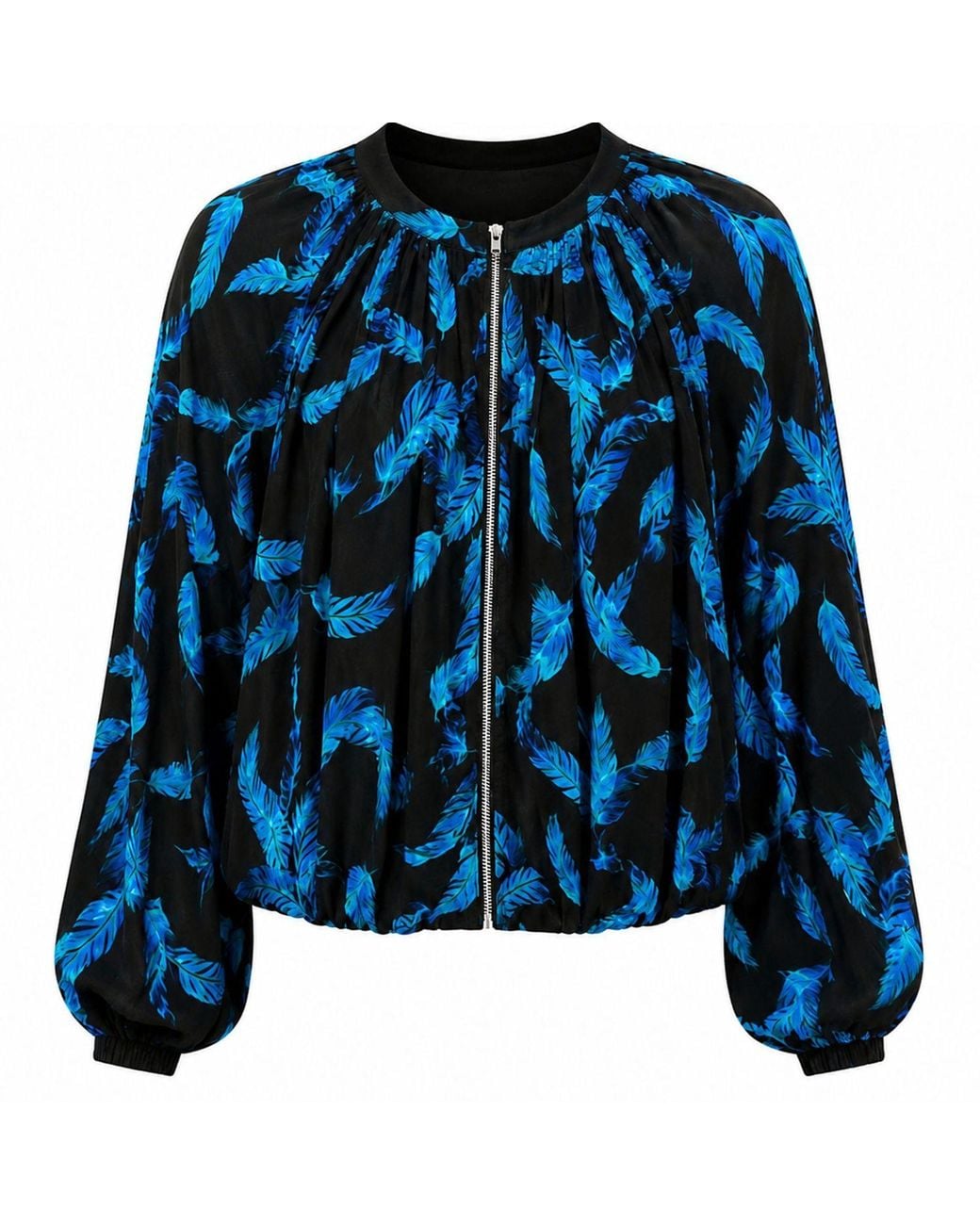 Rose & Nancy Blue Lille Feather Print Zip Front Light Bomber Jacket