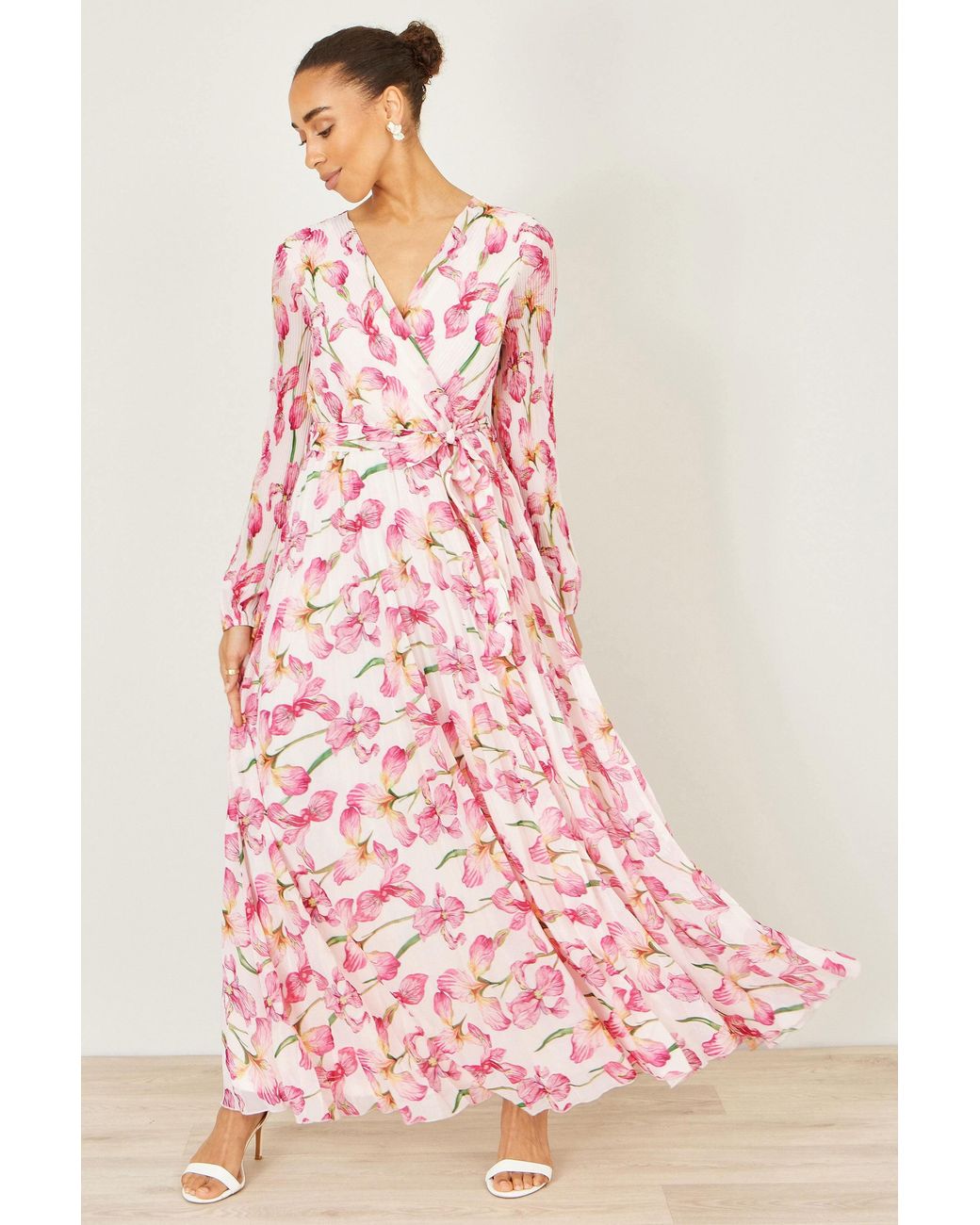 Yumi' Pink Neutrals Orchid Floral Pleated Wrap Maxi Dress