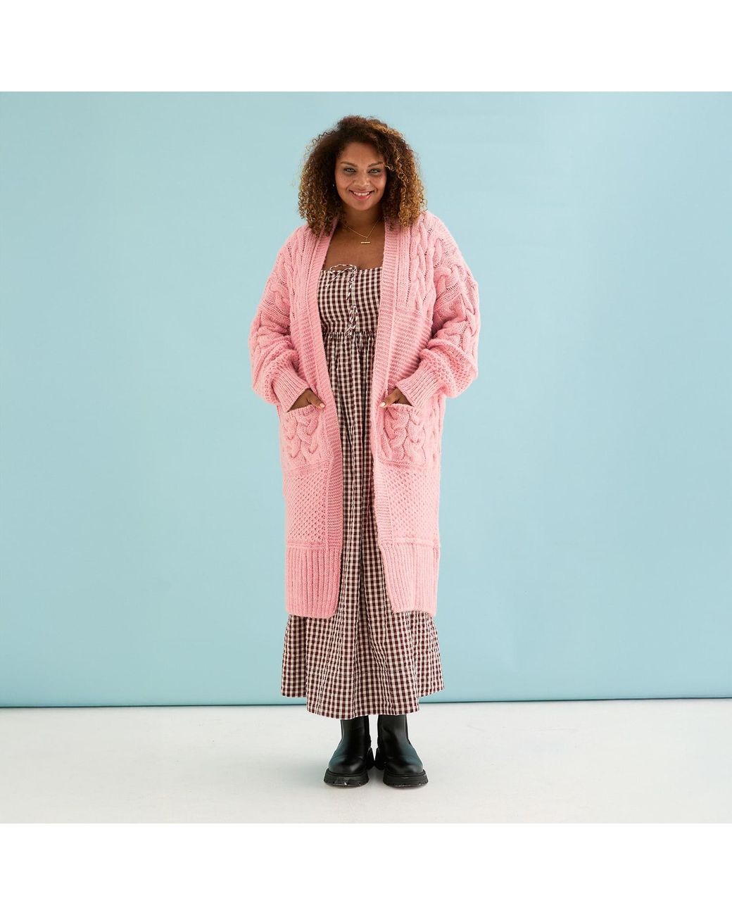 Cara & The Sky Pink Alex Balloon Sleeve Cable Maxi Cardigan