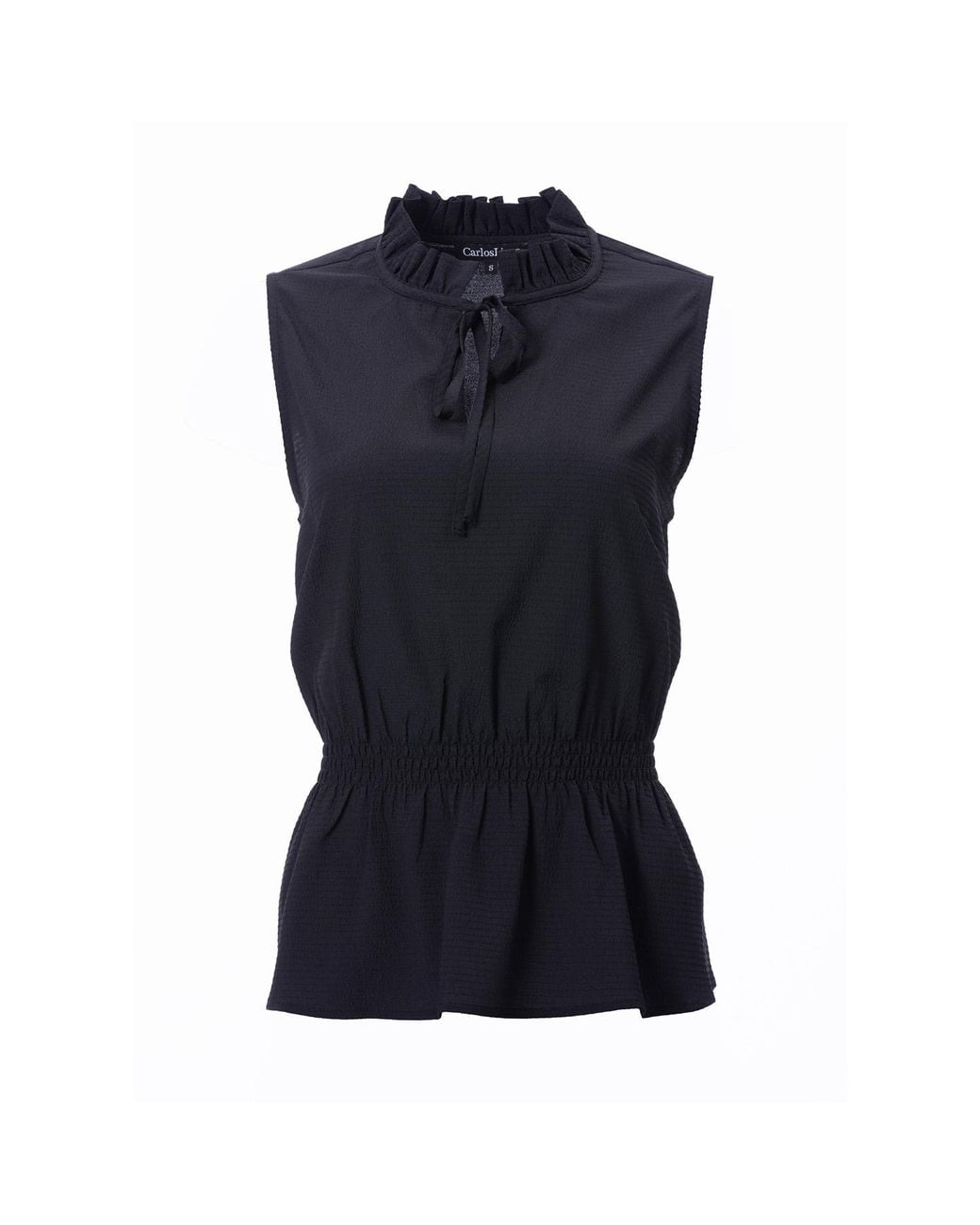 Carloslines Blue Front Neck Tie Smocked Waist Sleeveless Top