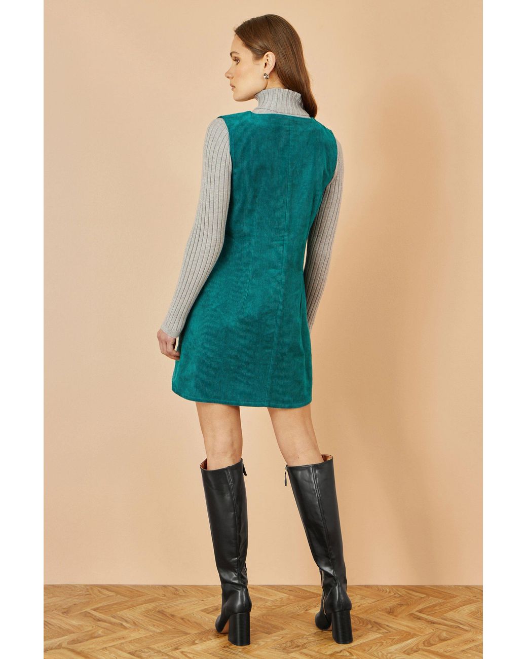 Yumi' Blue Cord Button Through Pinafore Dress With Pockets