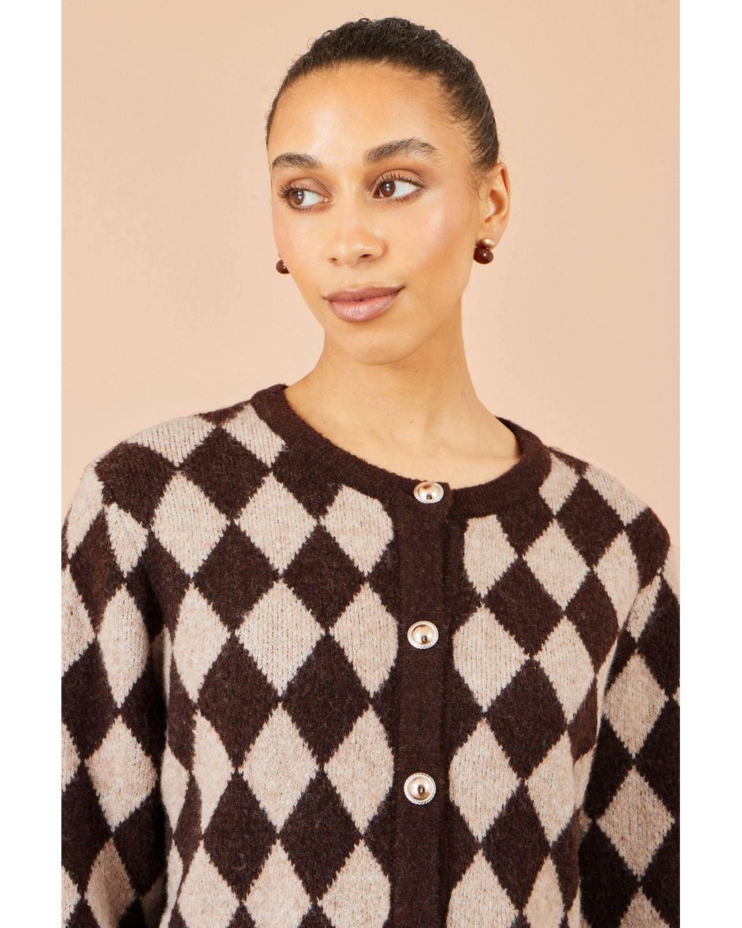 Yumi' Brown Argyll Knit Cardigan