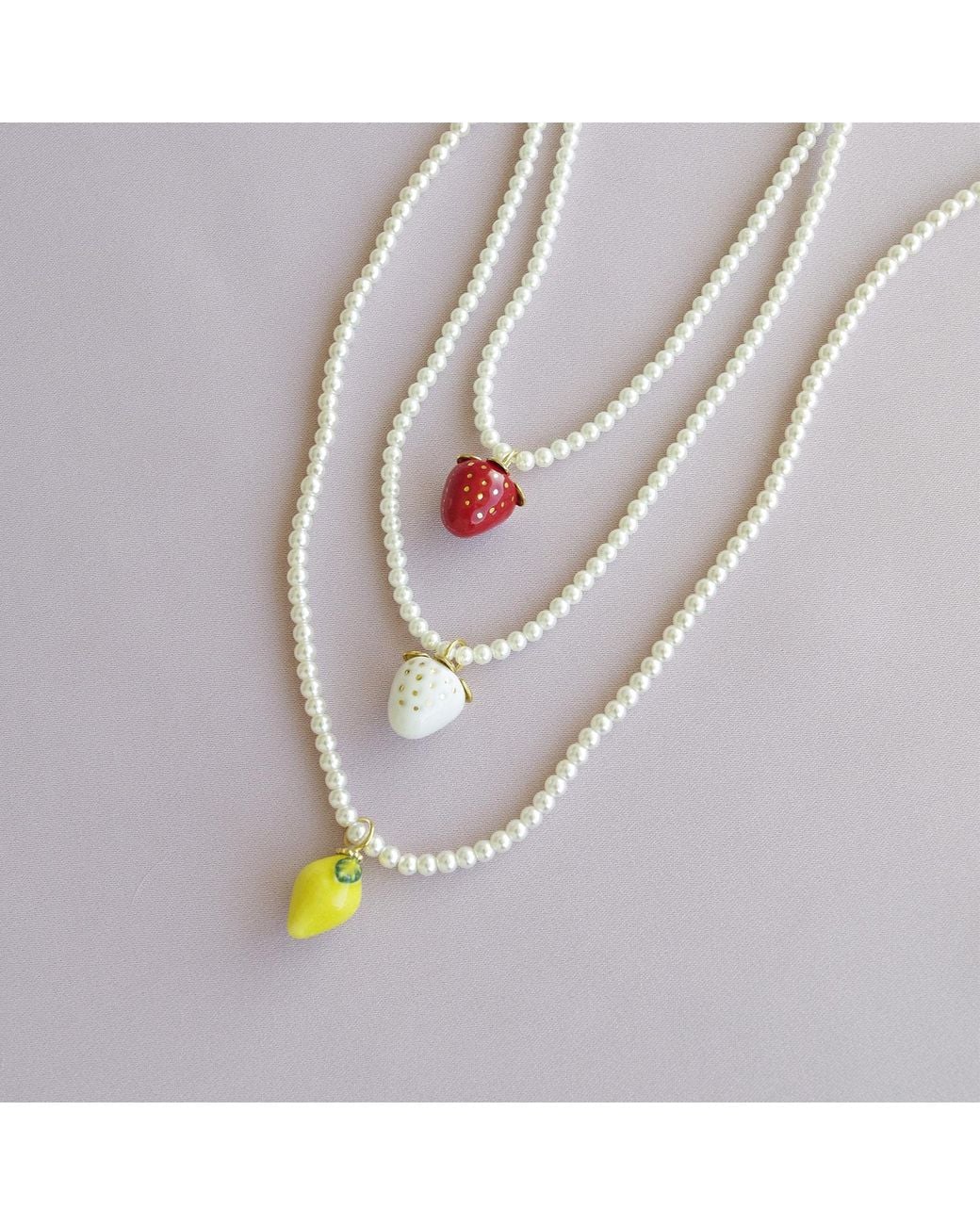 POPORCELAIN Metallic Mini Porcelain Lemon Swarovski Pearl Necklace